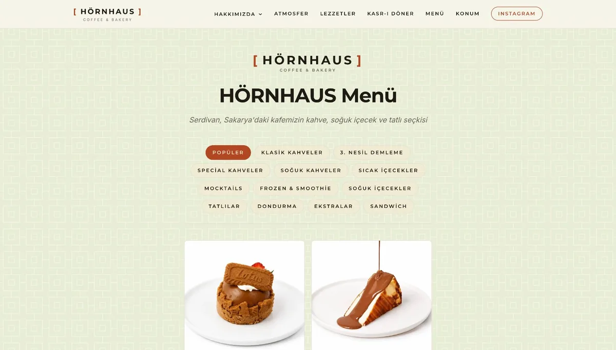 HörnHaus QR Menü web sitesi ekran görüntüsü — QR Menü Sistemi
